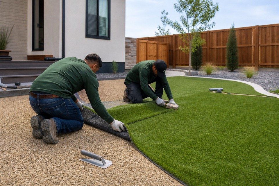 Professional installers fitting artificial turf over a prepared base