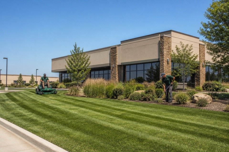 Professional landscaping crew caring for a Central Kansas commercial property