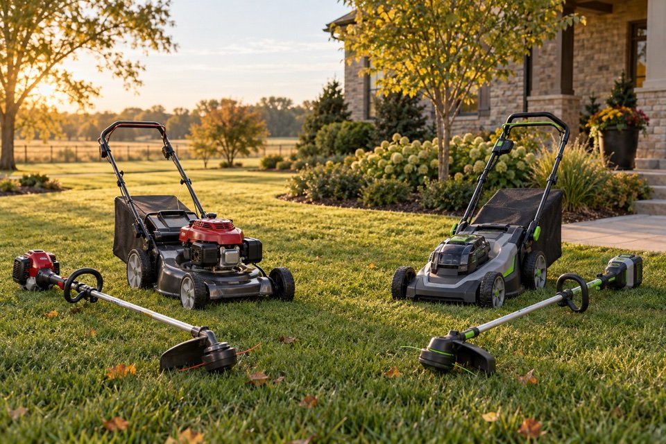 Gas and battery-powered mowers and trimmers on a Central Kansas lawn