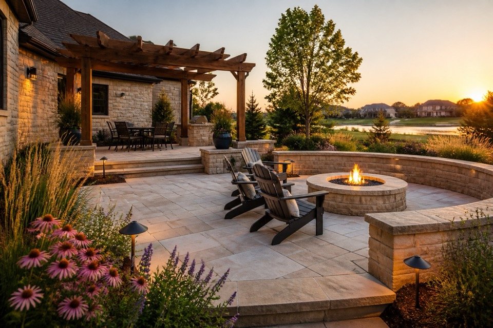 Finished limestone patio, pergola, firepit and landscape lighting