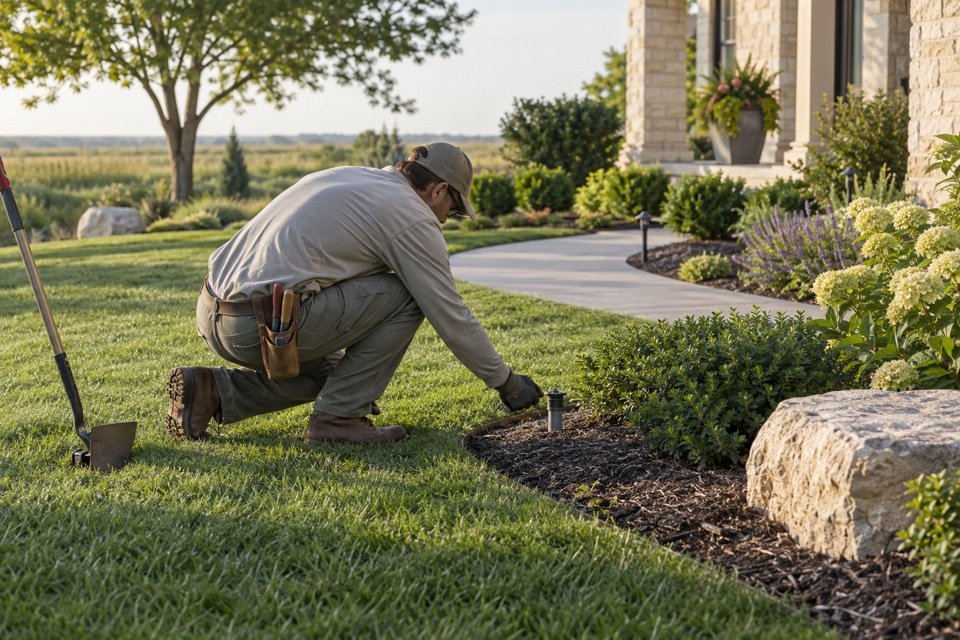 Landscaping professional inspecting a sprinkler and completing detail work along a lawn edge