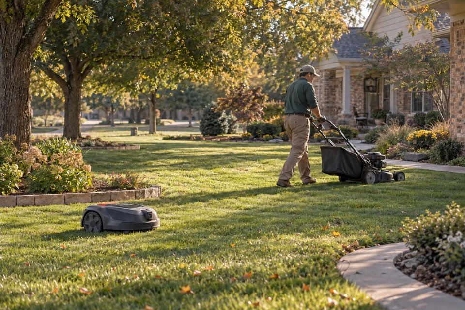 A landscaper wearing one cap and a robotic mower working on a Central Kansas lawn