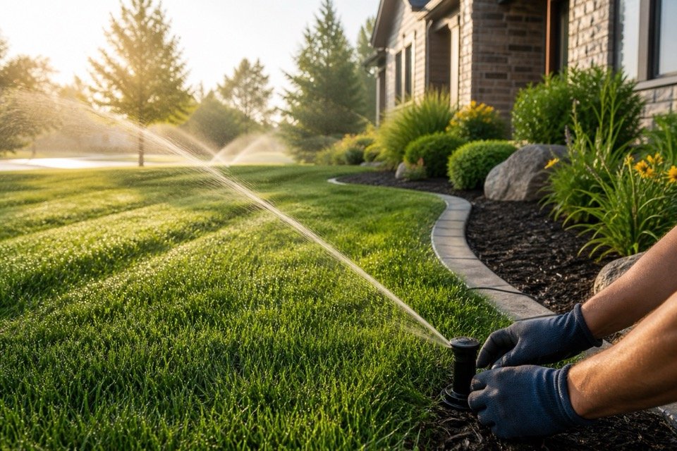 Efficient lawn irrigation system being adjusted beside a green lawn