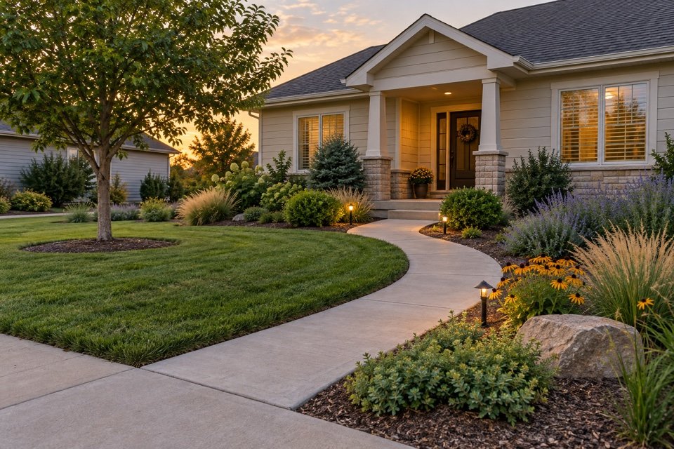 Welcoming Central Kansas front yard with a clear walkway and organized low-maintenance planting beds