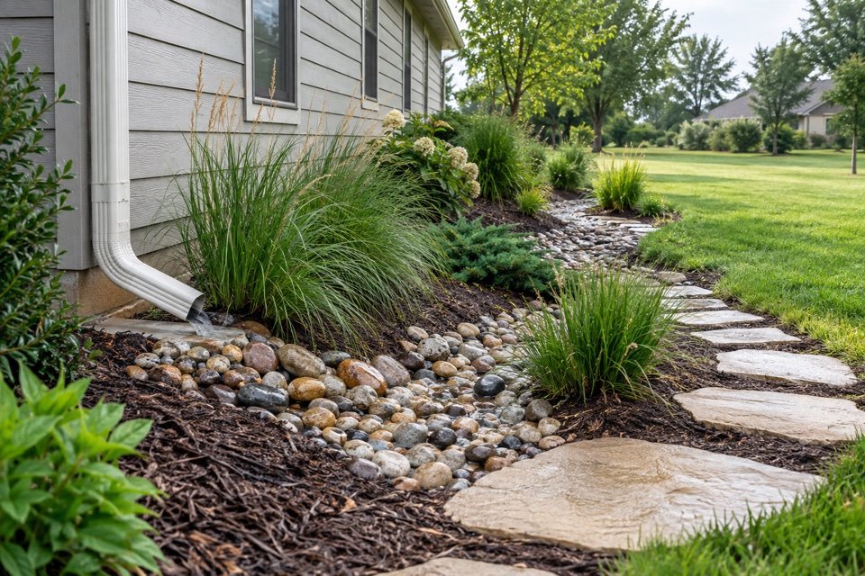 Planted swale and dry creek carrying downspout water away from a Central Kansas home