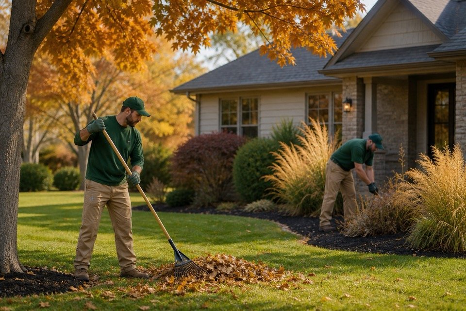 Landscaping crew completing a seasonal fall cleanup at a residential property