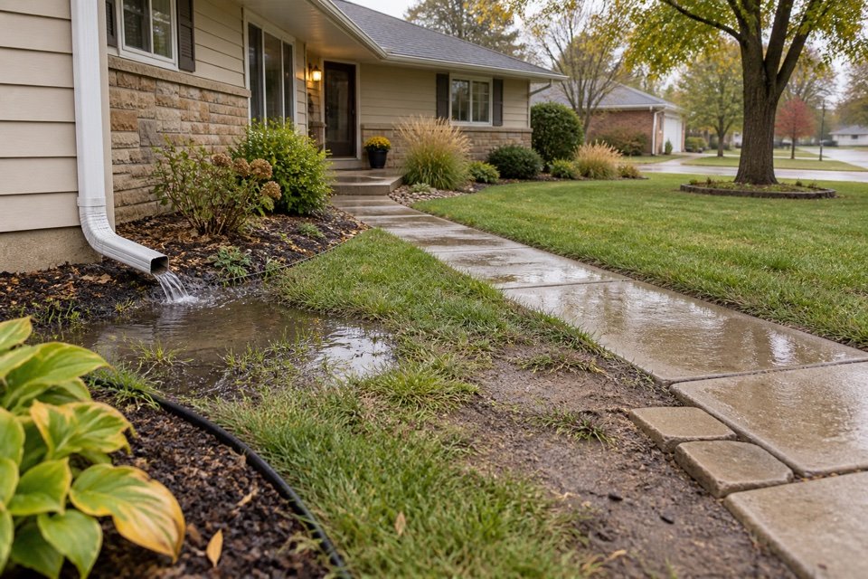 Central Kansas yard showing drainage and layout problems after rain